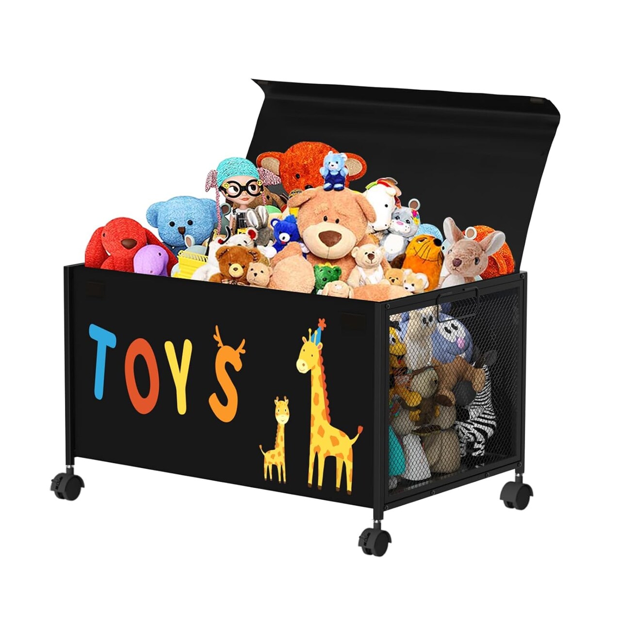 Kids Toy Box, 70L Metal & Oxford Cloth Toy Chest with 360° Wheels, and Lid for Boys, Girls, Bedroom, Living Room, Stuffed Animals, Clothes, and Playroom - Black